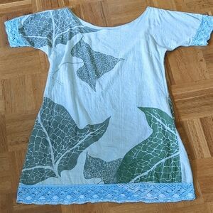 Leaf Print Mini Dress with Blue Accents